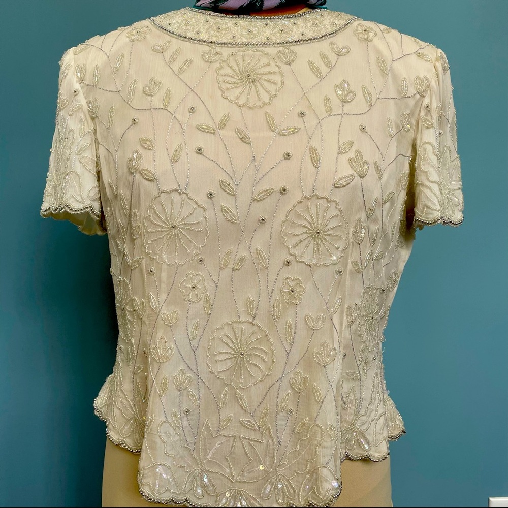 Papell Boutique Evening silk blouse with hand sewn bead detail.